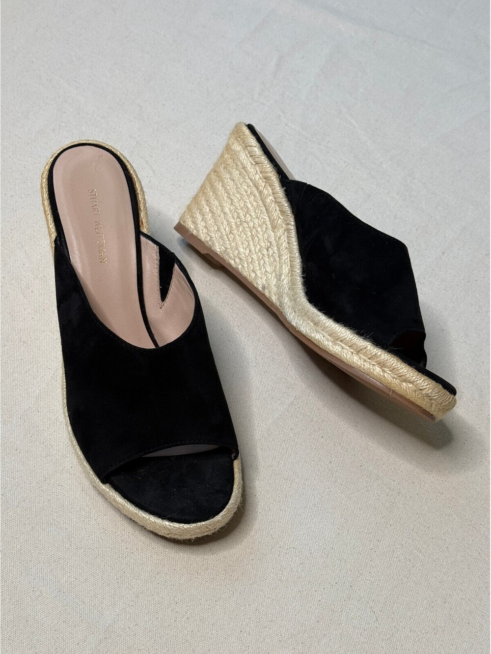 Stuart Weitzman Wonda Black Suede Espadrille Wedge Mules Size 8
